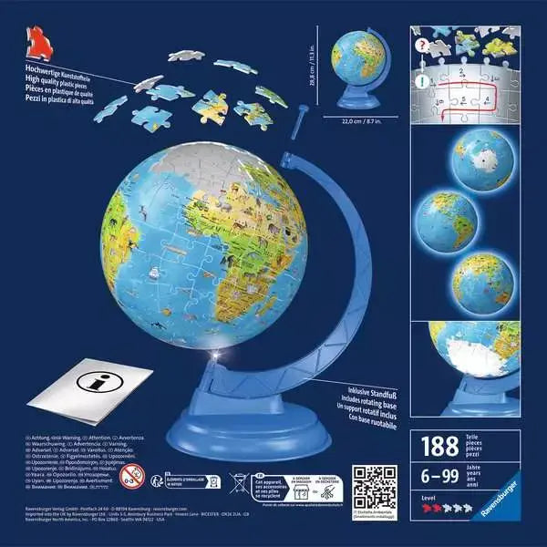 Ravensburger - 3D Puzzle Ball Children's World Map Light Up - 180 Pieces