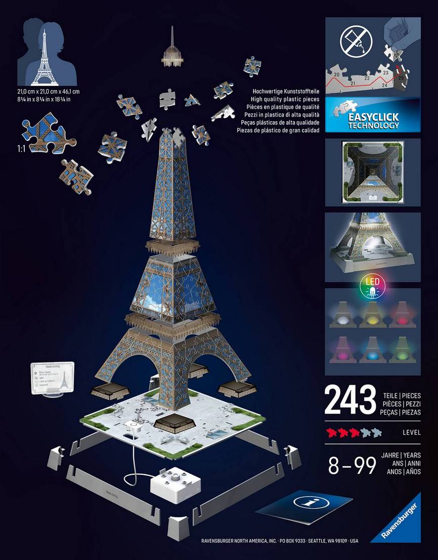 Ravensburger - Eiffel Tower Light Up - 216 Piece 3D Jigsaw Puzzle