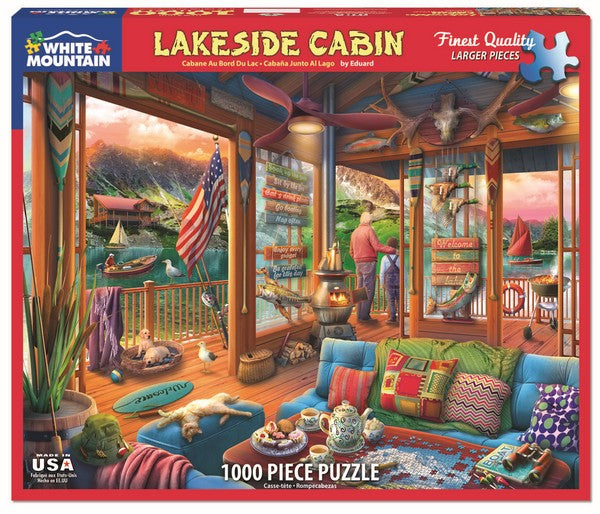 Lamplig 1000 Piece Jigsaw Puzzle - Lakeside Cabin Moonlight Scene With Letters On Back