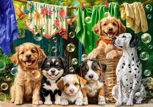 Castorland - Puppies Laundry and Bird Antics - 500 Piece Jigsaw Puzzle